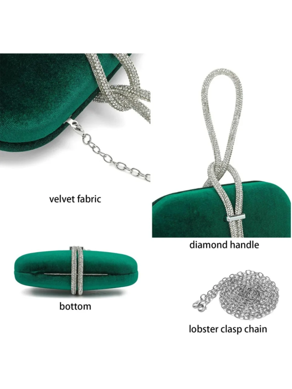 Rhinestones Evening Handbag Cariedo Green Velvet Clutch with Detachable Strap